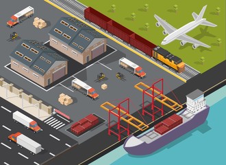 Isometric logistics low poly transportation process illustration background