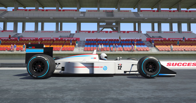 White Racing Car Winning The Race - High Quality 3D Rendering With Environment