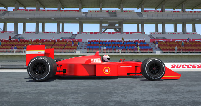 Red Racing Car Winning The Race - High Quality 3D Rendering With Environment