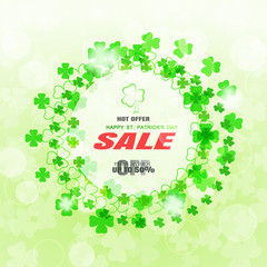 Vector Happy St. Patrick's Day Sale promotional poster on the light gradient green background with circles of green leafs of clover, label and text at the ceneter.