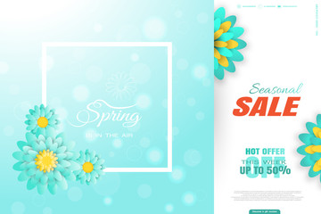 Vector promotional poster of Spring Seasonal Sale on the gradient blue background with white frame, glow and turquoise flowers.