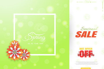 Vector promotional poster of Spring Seasonal Sale on the gradient green sunny background with white frame, glow and flowers.