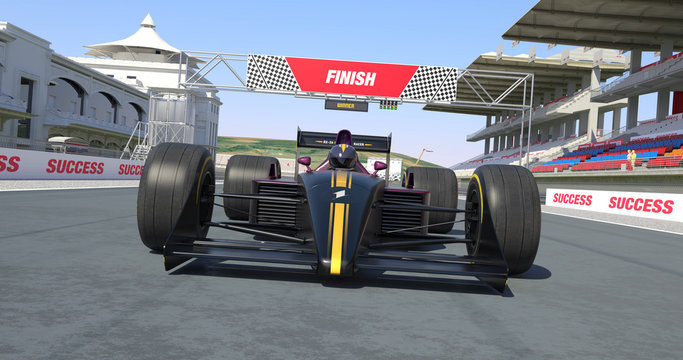 Racing Car Crossing Finish Line And Winning The Race - High Quality 3D Rendering With Environment
