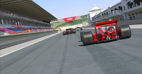 Racing Cars Crossing Finish Line And Winning The Race - High Quality 3D Rendering With Environment