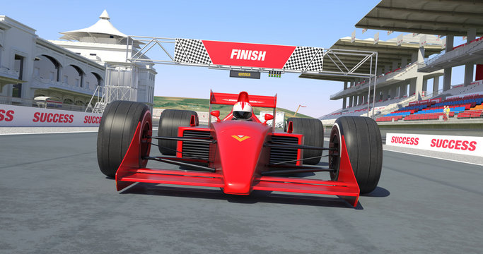Red Racing Car Crossing Finish Line And Winning The Race - High Quality 3D Rendering With Environment