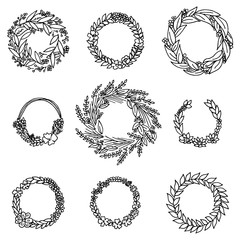 Fototapeta premium Wreath with flowers. Vector set. Cute Floral collection, hand drawn watercolor. Wedding or greeting cards. Romantic design. Engraved vintage style.