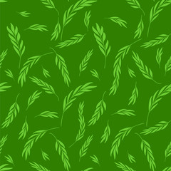 Vector seamless pattern. Gentle monochromatic Natural Floral stylish background with graphic leaves and twigs. Chlorine branches of leaves on green background.