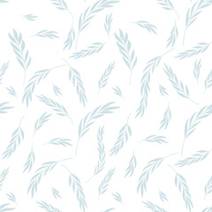 Vector seamless pattern. Gentle Natural Floral stylish background with graphic leaves and twigs. Light-blue branches of leaves on White background.