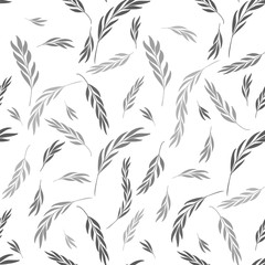 Vector seamless pattern. Gentle Natural Floral stylish background with graphic leaves and twigs. Light-gray branches of leaves on White background.