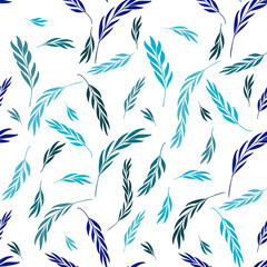 Vector seamless pattern. Gentle Natural Floral stylish background with graphic leaves and twigs. Blue, indigo, turquoise branches of leaves on White background