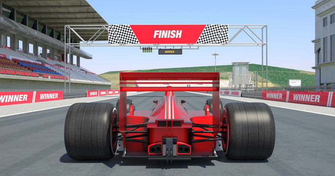 Red Racing Car Crossing Finish Line And Winning The Race - High Quality 3D Rendering