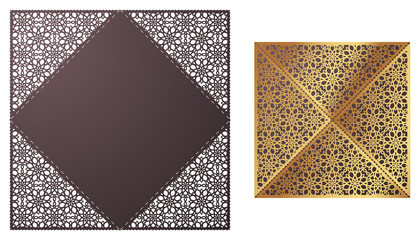 Laser cut ornamental Lace-bordered vector template. Luxury Greeting card, envelope or wedding invitation card template. Four triangular flaps that fold over the square card. 