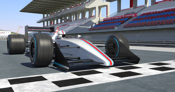White Racing Car Getting Ready For Racing - High Quality 3D Rendering With Environment