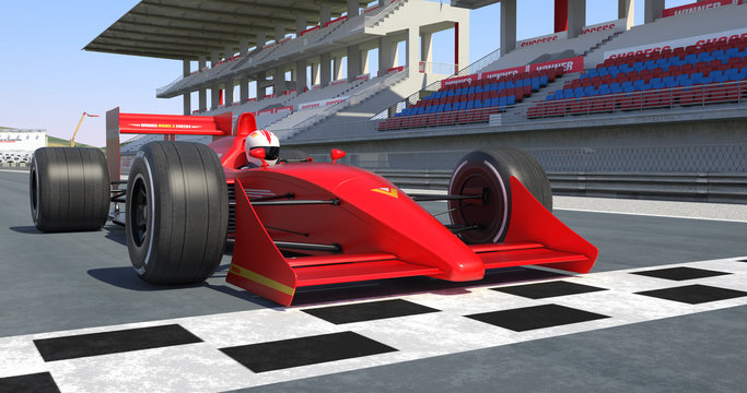 Red Racing Car Getting Ready For Racing - High Quality 3D Rendering With Environment