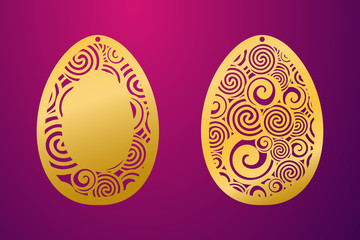 Laser Cut Happy Easter Egg. Vector stencil ornamental Easter egg with carved openwork feather pattern. Template for interior design. Stock vector