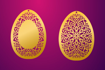 Laser Cut Happy Easter Egg. Vector stencil ornamental Easter egg with carved openwork feather pattern. Template for interior design. Stock vector