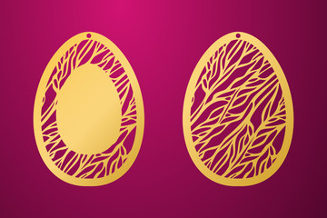 Laser Cut Happy Easter Egg. Vector stencil ornamental Easter egg with carved openwork feather pattern. Template for interior design. Stock vector