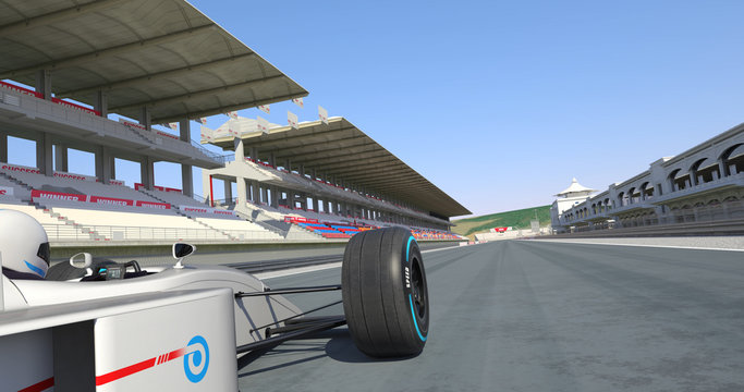 White Formula Car Crossing Finish Line And Winning The Race - High Quality 3D Rendering With Environment