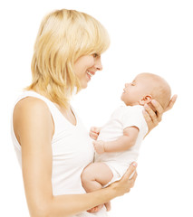 Mother and Baby Looking Face to Face, Mom Holding Newborn Kid on Hands, Woman with Infant Child Isolated over White background