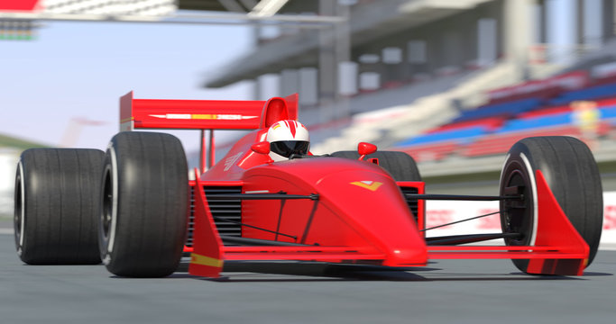 Red Racing Car Getting Ready For Racing With Depth Of Field - High Quality 3D Rendering With Environment