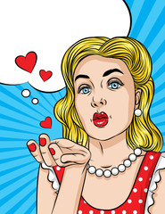 Vector retro  illustration of pop art comic style of a pretty woman in red dress sending air kiss with love