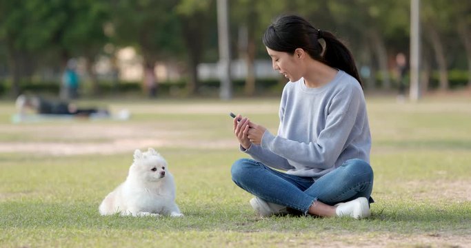 Woman taking photo on her Pomeranian dog at outdoor park