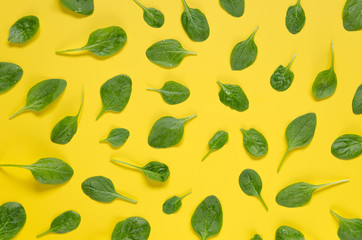 Spinach leaves pattern on yellow background.