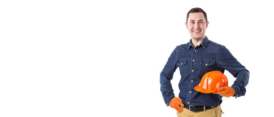 Portrait of smiling repairman (builder) with helmet  isolated on white background. Copy space