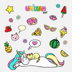 Set of hand drawn illustrations of a magic unicorn and different party attributes