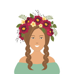 Cute smiling girl with braids in a wreath of flowers. Portrait. Vector illustration on a white background.