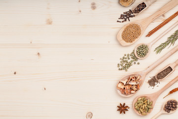 Fototapeta na wymiar spices and herbs on kitchen wooden table background with copy space for text. food, cooking and restaurant concept. flat lay frame composition, top view