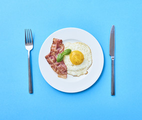 tastu fried egg in plate with bacon