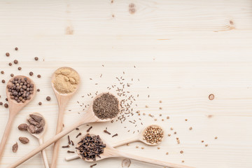 spices and herbs on kitchen wooden table background with copy sp