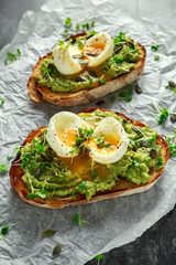 Healthy avocado and egg toasts with pumpkin and sesame seeds, sprinkled with cress salad
