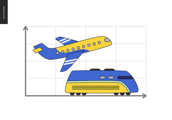 From point A to point B - airplane and train icons on the graphics - a concept of a transportation planning and timetable