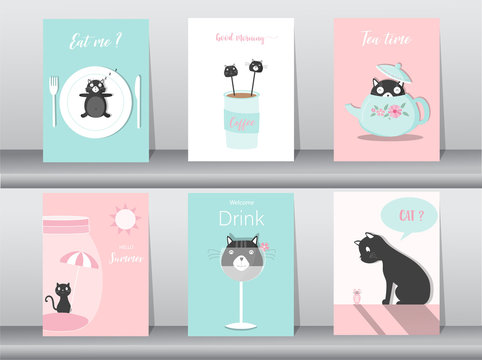 Set of cute animals poster,template,cards,cats,table ware,food,sweets, cartoons,summer,cute vectors,Vector illustrations