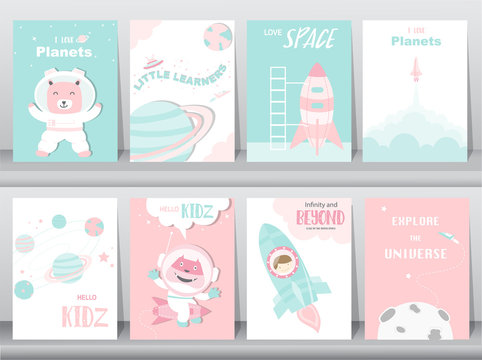 Set of cute animals poster,template,cards,cats,bears,cute,rocket,space,education,astronaut,galaxy,star,zoo,Vector illustrations

