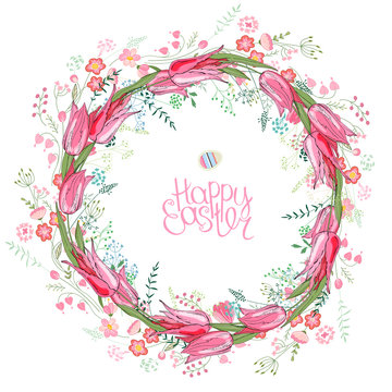 Round garland with spring flowers tulips and and small pink flowers. Decorative saeson floral frame for festive design