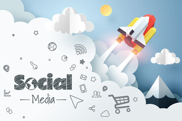 Paper art of spaceship launch to the sky, social media marketing concept and start up business idea