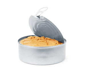 Liver pate in a metal jar on a white background