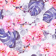 Naadloze patroon gemaakt van roze orchideebloemen met contouren en grote puple monstera bladeren op licht lila achtergrond. Aquarel schilderij. Hand getekend.