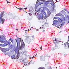 Tapeten Orchidee Nahtloses Muster aus rosa Orchideenblüten mit Konturen und großen lila Monstera-Blättern auf helllila Hintergrund. Aquarellmalerei. Handgemalt.