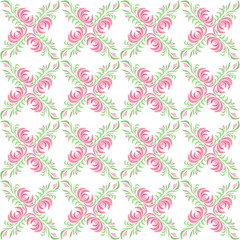 Square background with a seamless pattern of pink flowers and green leaves for spring and summer