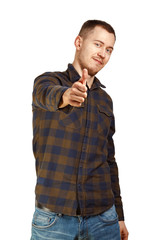 Portrait of smiling, bearded man gesturing thumb up in checkered shirt , approving, recommend, like new product. Isolated on white background