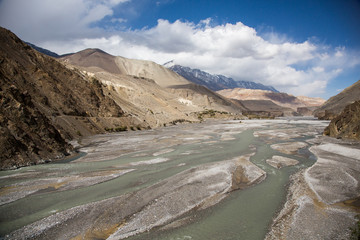 Trekking in Nepal, Annapurna circuit. Walk from Jomsom to Muktinath, Kali Gandaki riverbend. Magic Himalayas