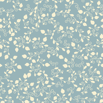 Oriental floral seamless pattern with Pomegranate print. Vintage vector background for Jewish holiday, new year of trees for Tu Bishvat. A tree with pomegranate fruits, branches, swirls.