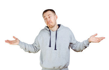 I do not know anything concept- guy with bristle, shrugging with spreaded hands, being clueless, having no idea about topic. Isolated white background