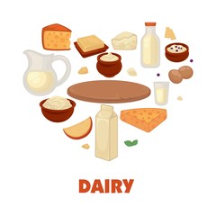 Dairy products on promotional poster in heart shape