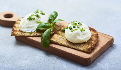 Tasty poached egg on toast over rustic background