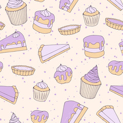 Vector pastry seamless pattern with cakes, pies, tarts, muffins and eclairs with purple blueberry topping. Hand drawn sweet bakery products in sketchy style on the starry background.